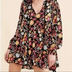 Free People Daisy Jane Tunic Swing Black Floral Mini Dress Retro Stretch Size M